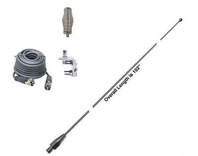 HUSTLER 102 WHIP CB Ham Antenna Stainless Steel,18ft RG8X COAX, SPRING & MOUNT