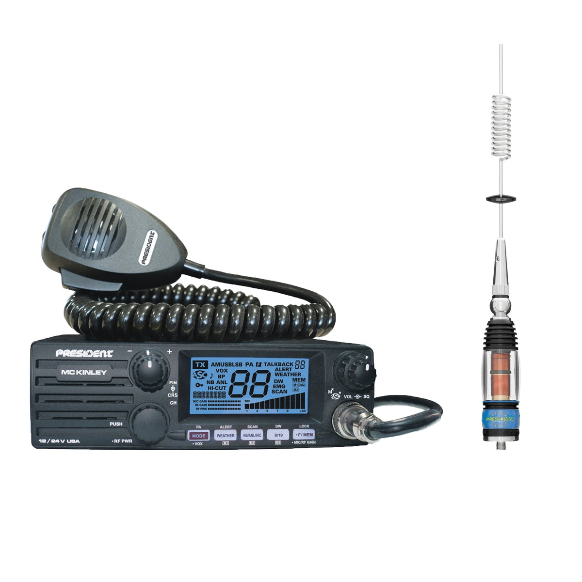 President Sideband Kit Includes: Mckinley USA CB Radio & Mississippi Radial Whip CB Antenna
