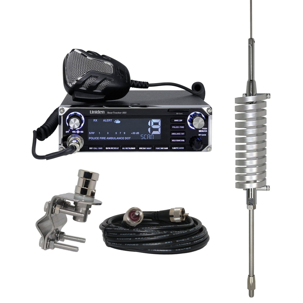 Uniden BearTracker 885 Hybrid CB Radio/Digital Scanner, Browning BR-78 Flat Coil CB Antenna & BR-MM-18 Mirror-Mount Kit with CB Antenna Coaxial Cable