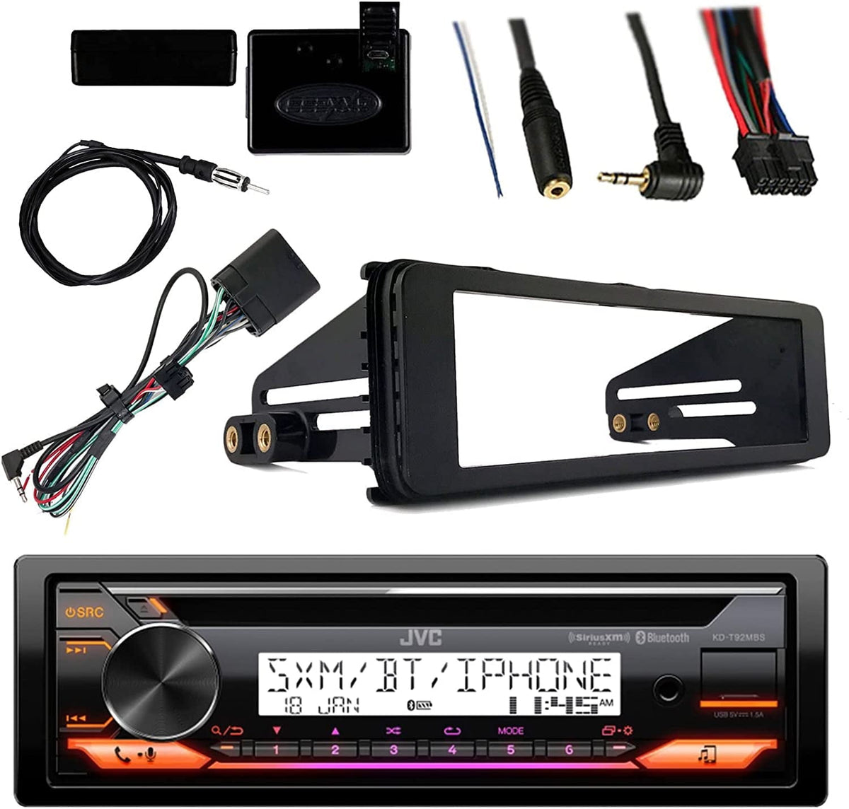 JVC Marine Radio Bluetooth Bundle with Dashboard Kit Handle Bar Control Antenna For 1998-13 Harley Davidson Motorcycle Touring Flht Flhx Flhtc
