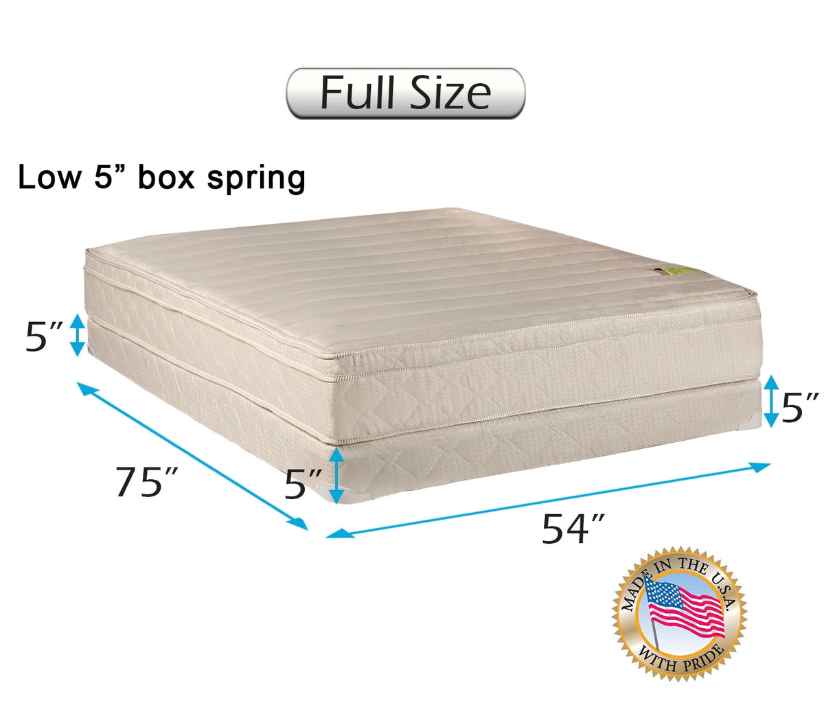 Dream Sleep Comfort Pedic Firm PillowTop Mattress & Low 5 Profile Box Spring Set with Bed Frame Included - Orthopedic, Plush Knit Cover, Longlasting Comfort by Dream Solutions USA (Full 54 x75 x11 )