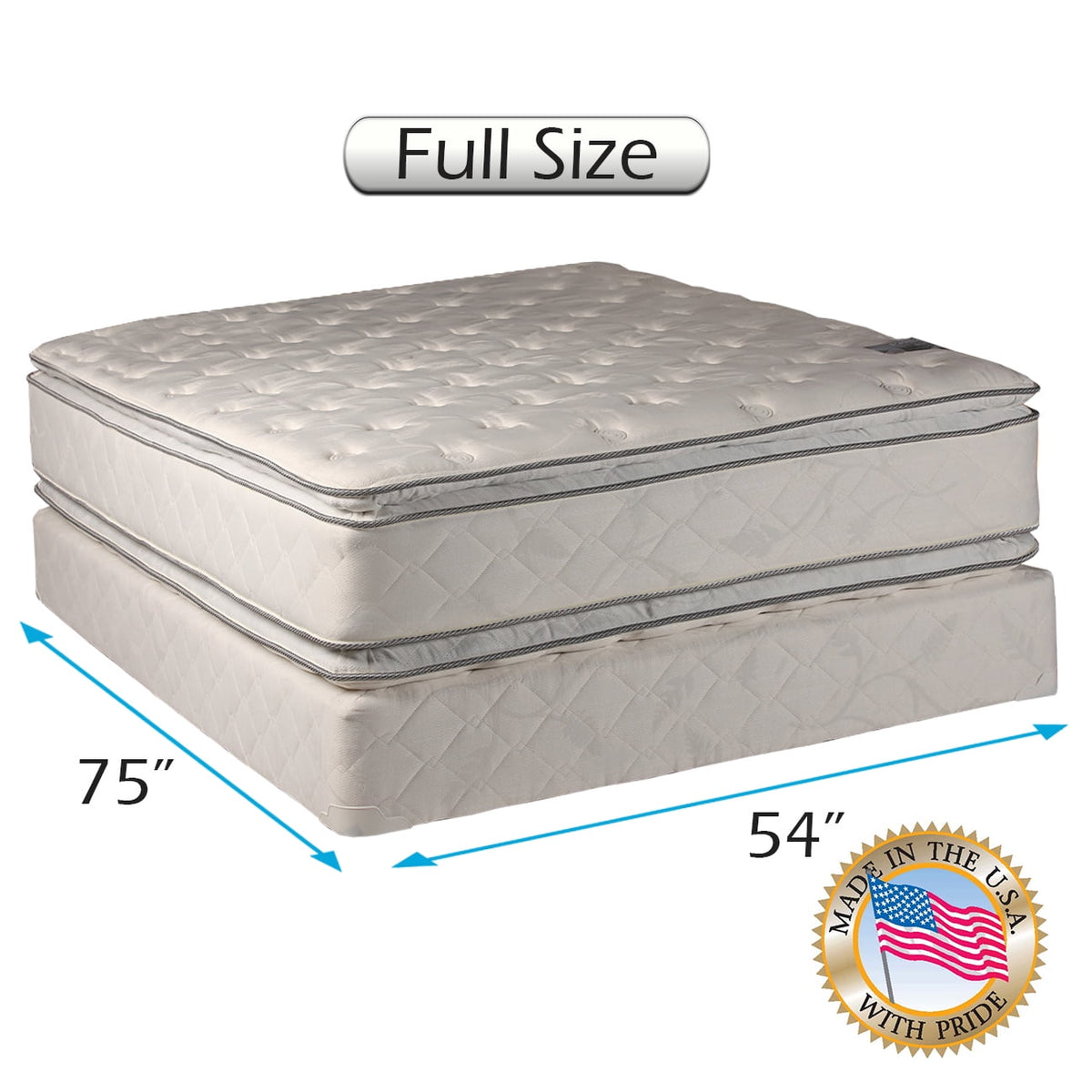 Dream Sleep Hollywood 2-Sided Gentle Plush Eurotop Mattress and Box Spring Set - Sleep System with Enhanced Cushion Support, Orthopedic, Longlasting by Dream Solutions USA (Full 54 x75 x12 )