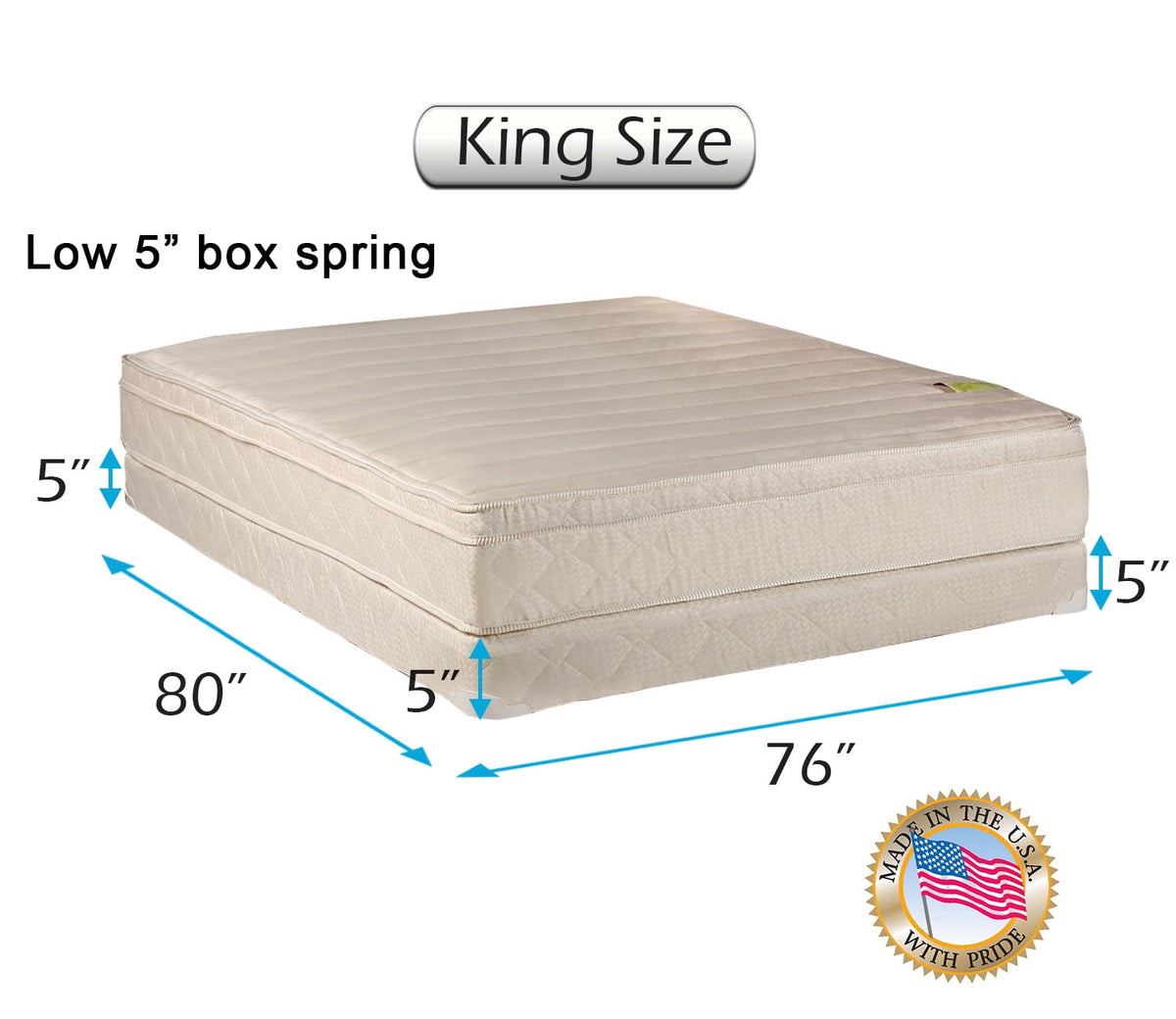DS USA Comfort Pedic Firm PillowTop Mattress & Low 5 Height Box Spring with Metal Bed Frame - Plush Knit Cover, Orthopedic, Longlasting Comfort (King 76 x80 x11 )